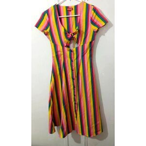 Staud womens small midi dress yellow pink candy  stripe
